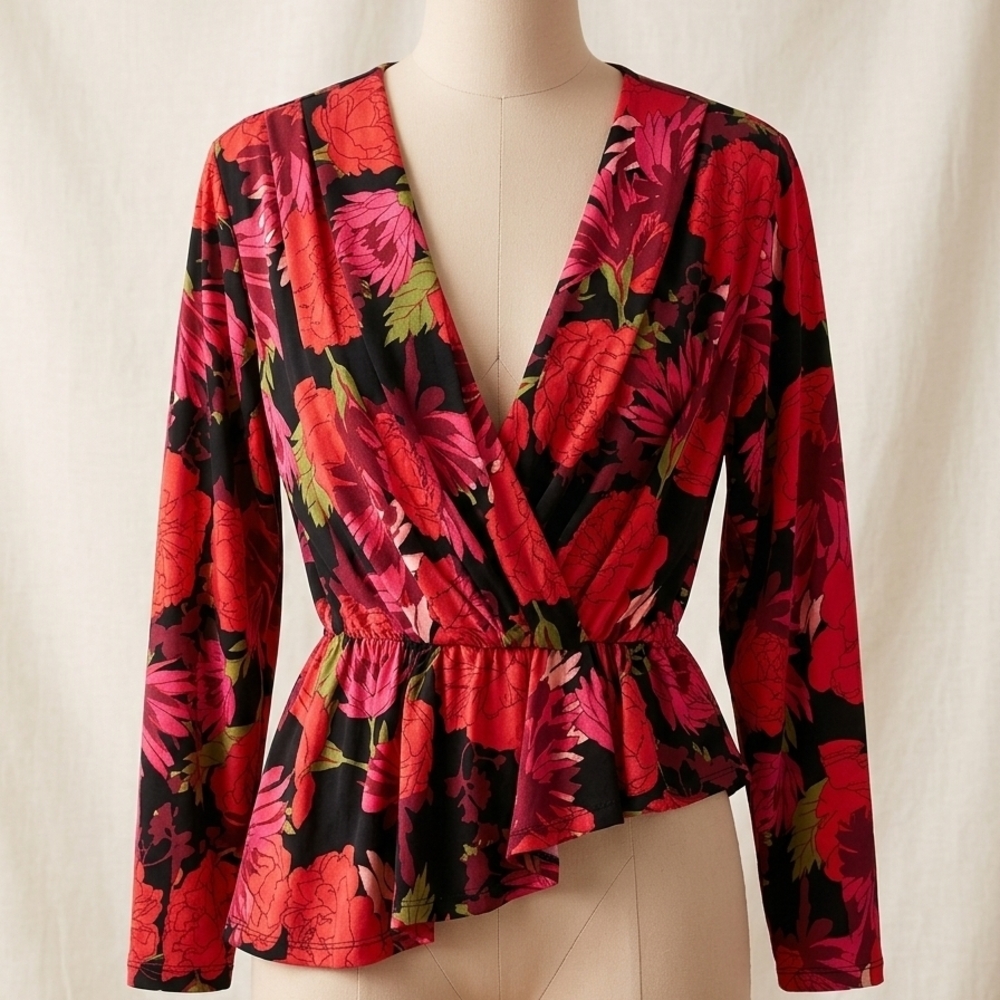 Zara Black Wrap Blouse with Red & Pink Floral Peplum